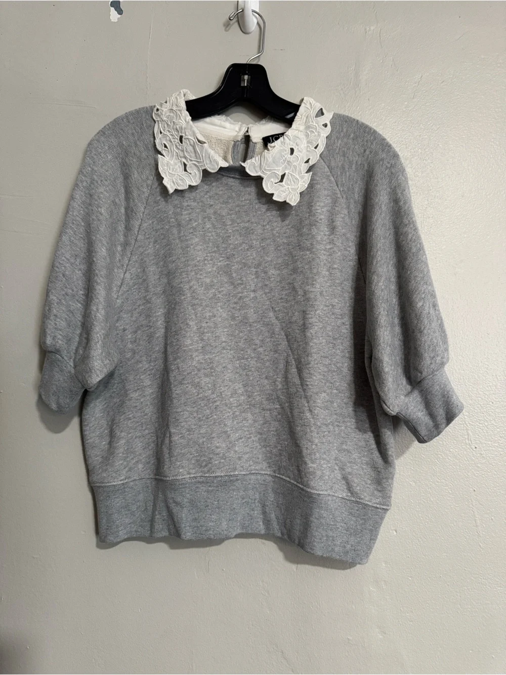 J. Crew Light Gray Puff-Sleeve Sweatshirt with White Floral Collar